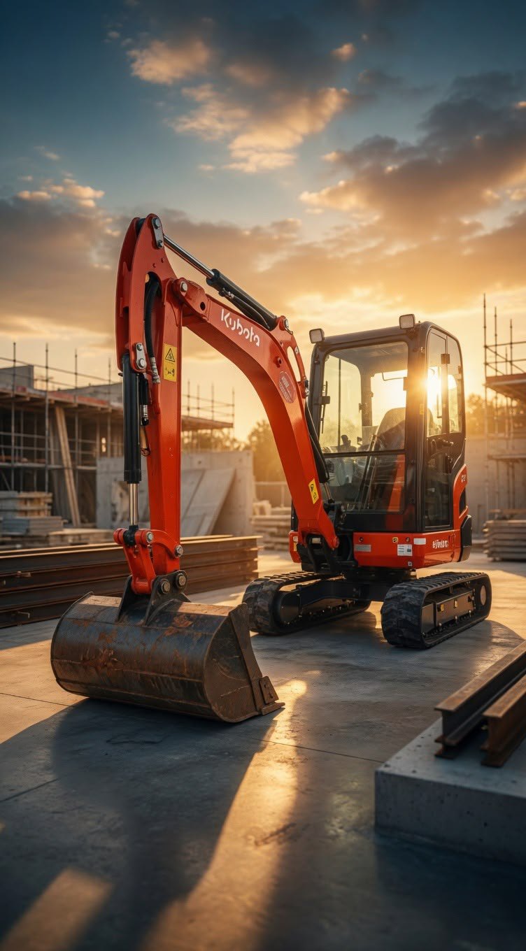Miniexcavator Kubota KX019-4 la apus pe șantier în Cluj-Napoca