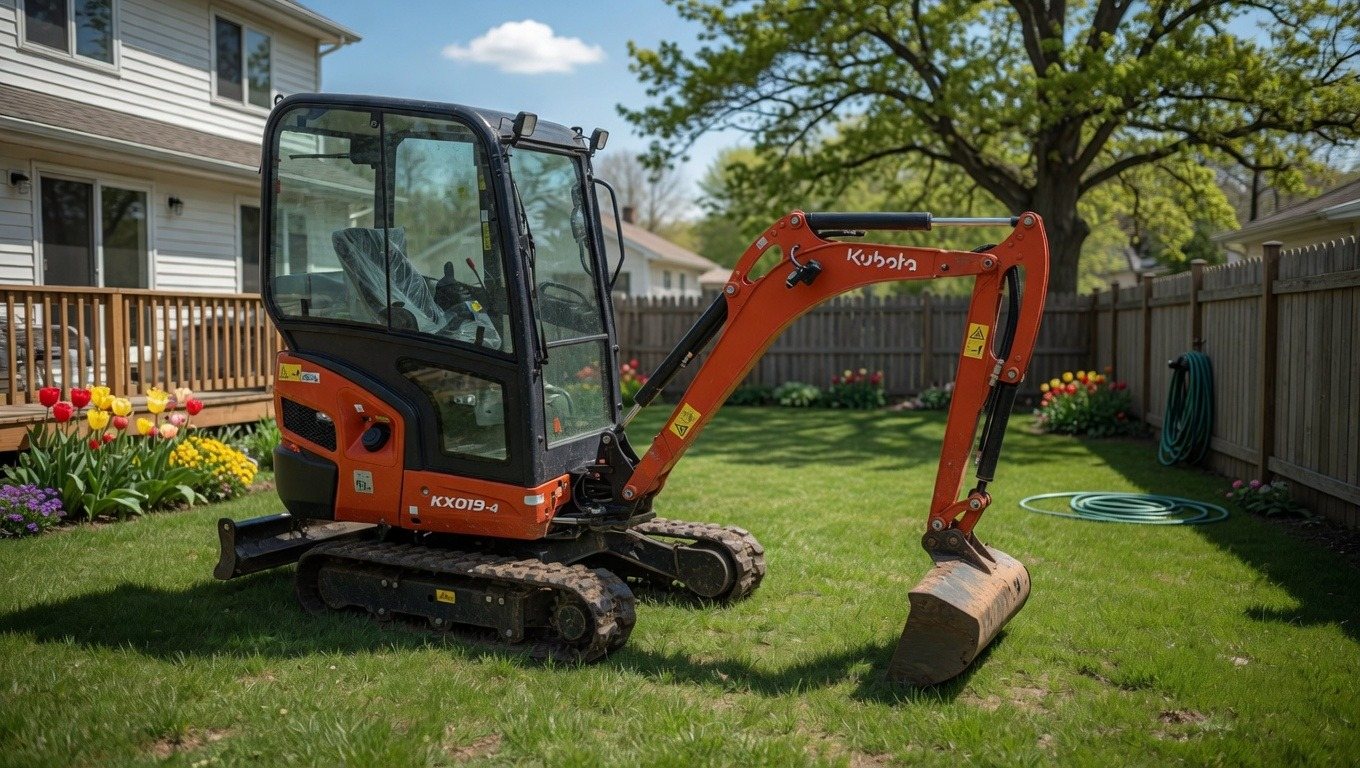 Lucrare cu miniexcavator într-o curte rezidențială, spațiu îngust