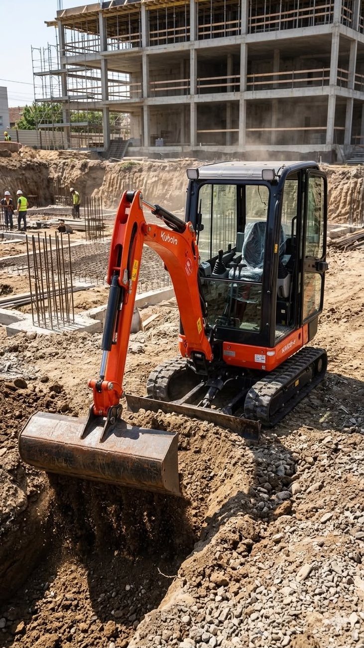 Săpătură fundație cu miniexcavator pe șantier